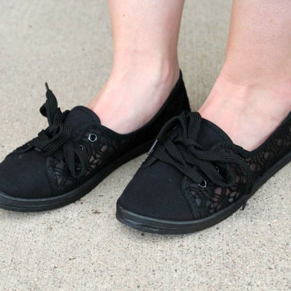 Shoes - Black Lace Faux Tie Flats Mommy & Me Shoes Slip On